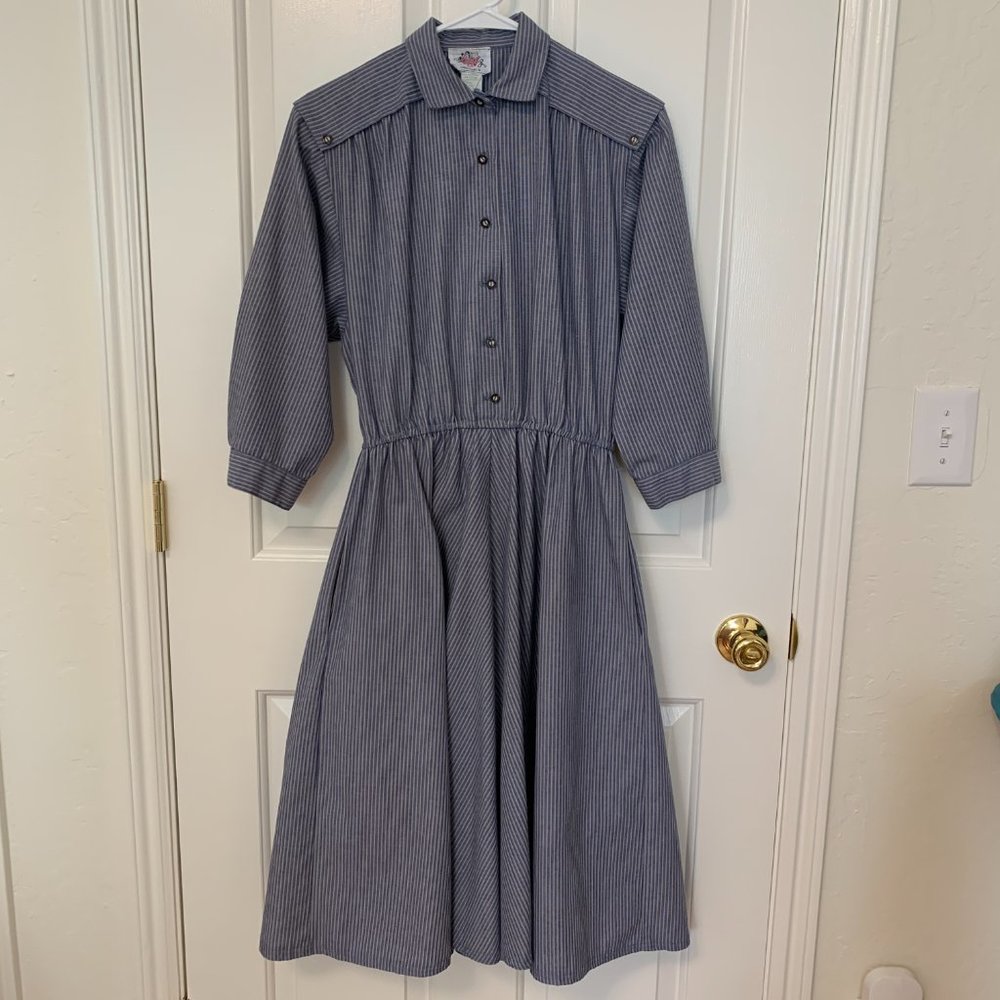 Railroad strip button down shirt dress with pockets and full circle skirt - Picture 3 of 8